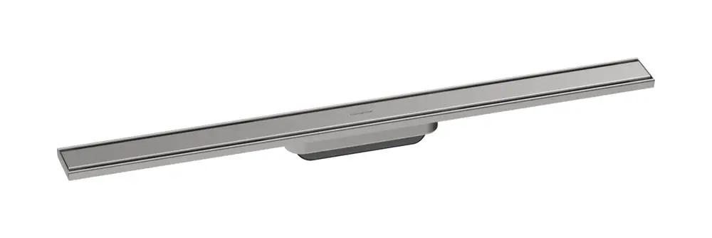 Lange Duschrinne aus gebürstetem Edelstahl, geeignet für den Einbau in die Dusche, markiert mit dem Logo von Hansgrohe.